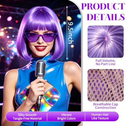 Short Bob Straight Hair Wigs with Bangs, Synthetic Fiber Colorful Hair, Cat Eye Glasses for Women (Blue-Purple) - color: Blue-Purple