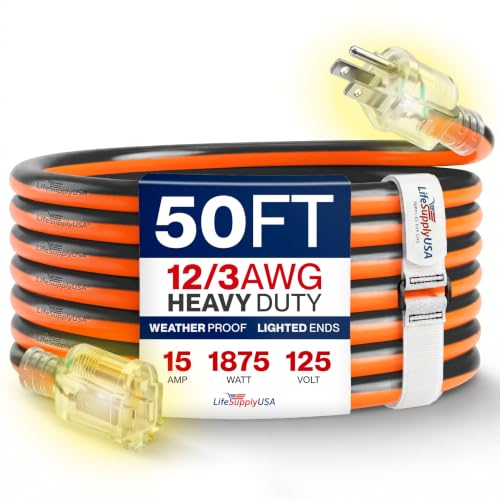 50ft Outdoor/Indoor Extension Cord 12/3 Gauge Extra Heavy Duty 3 Prong SJTW, Waterproof, Flexible Cold-Resistant Long Power Cord,15A 125V 1875W, Orange and Black by LifeSupplyUSA