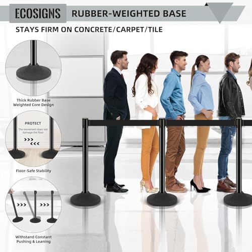 ECOSlGNS Commercial Crowd Control Stanchions with Retractable Belts - Black Stanchions with Heavy-Duty Base & Sign Holders line dividers for Airport, Theaters, Banks & Retail Stores (6 Pack) - color: Black- 6 Packs