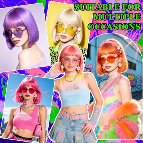 Short Bob Straight Hair Wigs with Bangs, Synthetic Fiber Colorful Hair, Heart-shaped Sunglasses for Women (Light Green) - color: Light Green