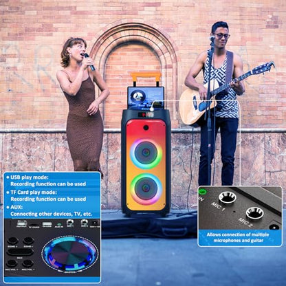 HWWR Karaoke Machine with 2 Wireless Microphones, Big Bluetooth Party Speaker with 500W Peak Power for Adults, PA System with Rolling Wheels and Trolley, Perfect for Outdoor, Home Party, Gatherings - color: BLACK