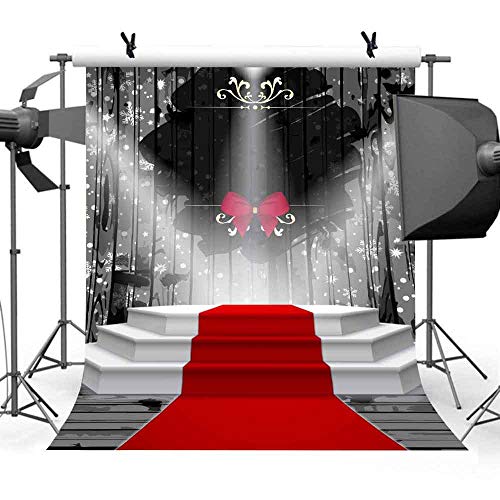 6x9ft Red Carpet Stage Photography Backdrop Snowflake Black Curtain Bowknot Spotlights Background Baby Children Adults Portraits Christmas Party Photo Booth Props LULF052