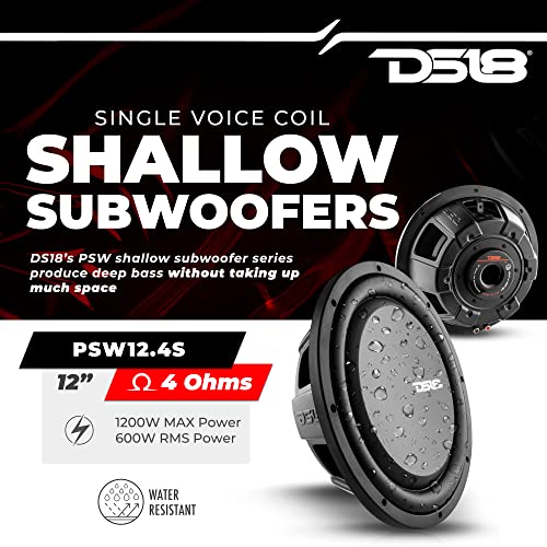 DS18 PSW12.4S 12" Shallow Mount Subwoofer 1200 Watts Max Power 600 Watts RMS Single Voice Coil 4 OHMS Water Resistant - Best Sub for Tight Spaces in Car & Trucks - 1 Speaker - style: 12" Single Voice Coil 4 Ohm