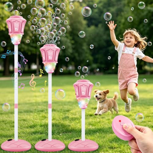 OCATO Automatic Bubble Maker for Kids Standing Design with Lights Music | Bubble Maker Outdoor Bubbles Blower 3-Level Adjustable Heights Party Birthday Toys for for 3 4 5 6 7 8 Year Old Boy - color: Pink