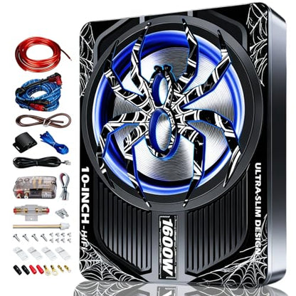Upgraded 10 Inch 1600W Under Seat Subwoofer with Amp, Powered Slim Sub, Blue LED Ambient Light, (LPF/Gain/Bass Boost) Independent Bass Knob, Car Audio Subwoofer Package for Truck SUV Jeep MPV