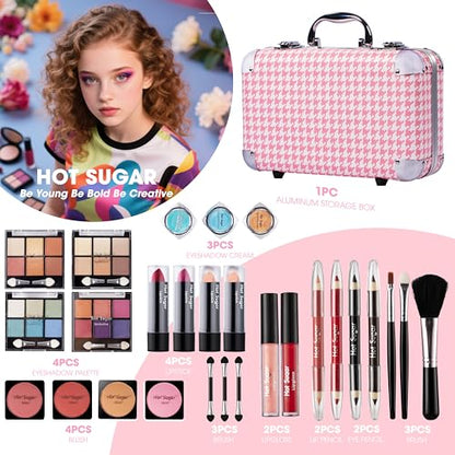 Hot Sugar All-in-One Makeup Kit for Adults and Girls, Pink Houndstooth | Cosmetics Set with eyeshadow, blush, lip gloss, lipstick, lip & eye pencils, brush and mirror for beginner full-face looks. - color: P HOUNDSTOOTH
