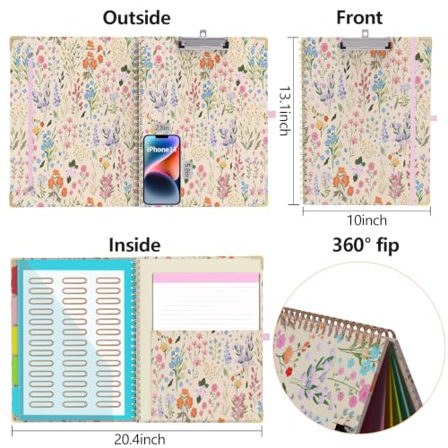 Clipboard Folio with Storage 8.5 X 11 Padfolio Notebook, Clipboards with Notepad Spiral with 10 Pockets and 5 Folders Nursing Teacher School Essentials (Yellow Florals) - color: Yellow Florals