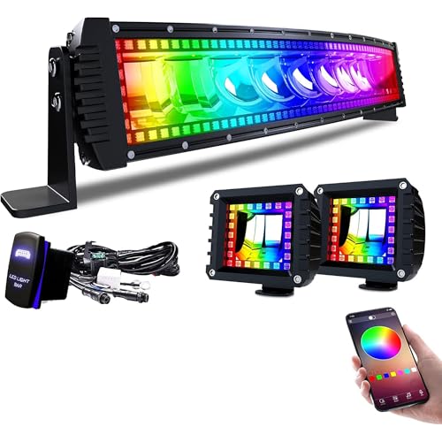 Lpteso RGBW Curved LED Light Bar 22Inch 120W Flood Spot Combo Beam 2PCS 4 Inch 18W Flood RGB LED Pods with 16 Solid Colors Chasing RGB Halo Ring Changing with Strobe Flashing with Rocker Switch Wiring - size: 22Inch RGB Curved LED Light Bar