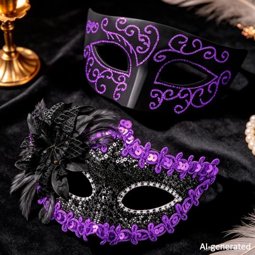 SIQUK Couple Masquerade Masks Set Venetian Party Mask Costume Mask - color: Black & Violet Sequins