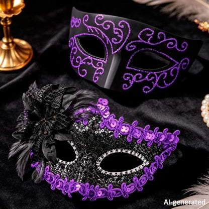 SIQUK Couple Masquerade Masks Set Venetian Party Mask Costume Mask - color: Black & Violet Sequins