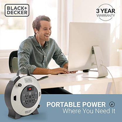 BLACK+DECKER 25 Ft. Retractable Extension Cord Reel, 4 Outlets, 2 USB Ports | 16 AWG SJT cable, multi-plug design, on/off switch, heavy-duty construction - size: 25 ft