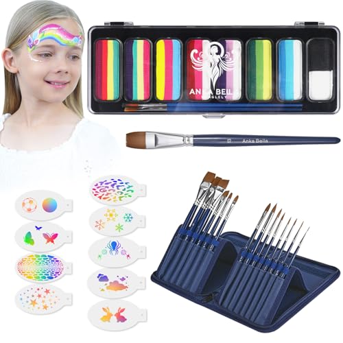 Anka Bella Professional Face Painting Kit with Over 180 Tutorials | For beginners and professionals,Bright color,high pigment,Water Based Face and Body Paint with Brushes & Stencils - color: Rainbow Cake