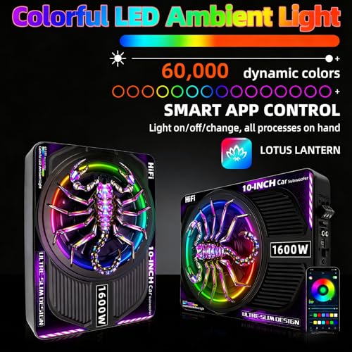 2026 Upgraded 1600W 10" Slim Under Seat Subwoofers with Amp & LED Ambient Lights for Truck/Car - Deep Bass, Individual Controls (LPF/Gain/Bass Boost), High Output Distortion-Free Audio - color: Purple