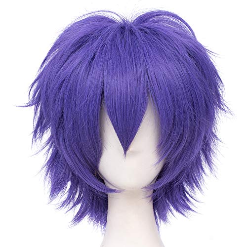 LABEAUTÉ Short Dark Lavender Anime Cosplay Wig Male Men Anime Layered Unisex Heat Resistant Hair Wig with Bangs for Party and Halloween for Gift + Free Cap - color: Dark Lavender