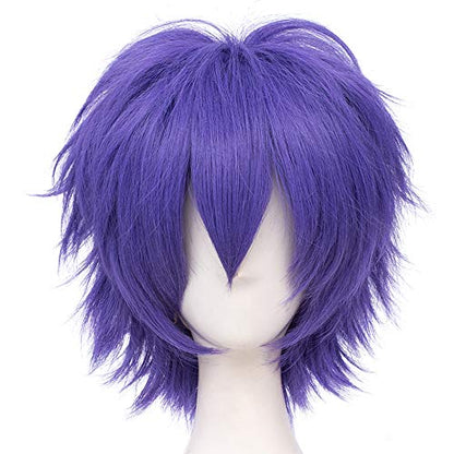 LABEAUTÉ Short Dark Lavender Anime Cosplay Wig Male Men Anime Layered Unisex Heat Resistant Hair Wig with Bangs for Party and Halloween for Gift + Free Cap - color: Dark Lavender