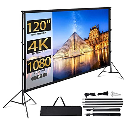 Projector Screen with Stand, 120 inch Portable Projection Screen, 16:9 4K HD Rear & Front Projections Movies Screen with Carry Bag, for Indoor Outdoor Home Theater Backyard Camping