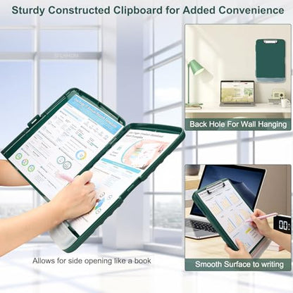 Clipboard with Storage, A4 Binder Nursing Clipboards with Pen Holder, Heavy Duty Storage Clipboards with Low Profile Clip, Clipboard Folder Side-Opening, Smooth Writing Clip Board (Emerald) - color: Emerald