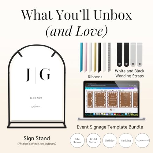 Arch Wedding Welcome Sign Stand with Holder - Elegant Metal Easel Display for Seating Chart, Reception Signs, Welcome Board - 30+ Customizable designs for Baby, Bridal Shower - Versatile Party Sign Holder - color: Black Arch V2