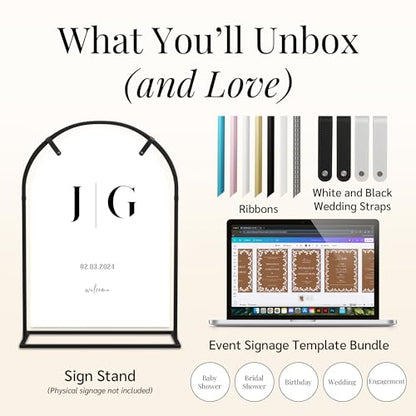 Arch Wedding Welcome Sign Stand with Holder - Elegant Metal Easel Display for Seating Chart, Reception Signs, Welcome Board - 30+ Customizable designs for Baby, Bridal Shower - Versatile Party Sign Holder - color: Black Arch V2