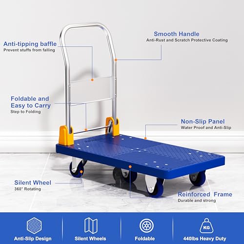 Push Cart Dolly, Collapsible Hand Truck Platform 360 Degree Swivel Wheels with 1320lb Weight Capacity, Platform Truck for Loading and Storage (Blue) - size: 1320bs, 24.5"x40.5"(WxD)
