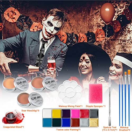 immetee Scar Wax SFX Makeup Kit, Face & Body Paint, Christmas Halloween Makeup Kit, Fake Blood, Painting Brushes, Spatula, Stipple Sponge, Stage Theatrical Party Cosplay, Carnival
