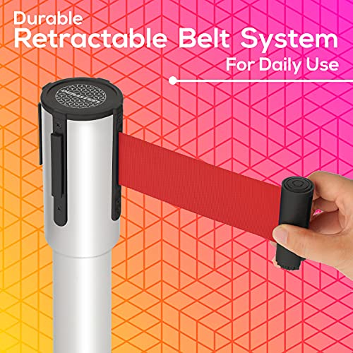 DuraSteel Crowd Control Barriers Line Dividers - Silver Stanchion Stainless Steel Posts with 6.5ft Red Retractable Belt Ropes - for Store Queues, Airport Lines, Event Entries - 2 Set/Pack - color: Red Belt, style: Silver Stanchion 2 Pieces Set