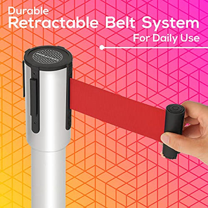DuraSteel Crowd Control Barriers Line Dividers - Silver Stanchion Stainless Steel Posts with 6.5ft Red Retractable Belt Ropes - for Store Queues, Airport Lines, Event Entries - 2 Set/Pack - color: Red Belt, style: Silver Stanchion 2 Pieces Set