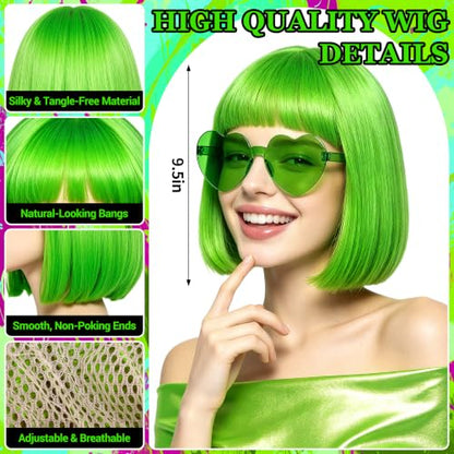 Short Bob Straight Hair Wigs with Bangs, Synthetic Fiber Colorful Hair, Heart-shaped Sunglasses for Women (Light Green) - color: Light Green