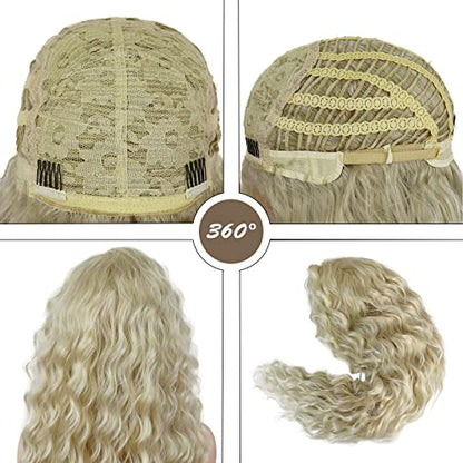 Womens Long Blonde Curly Wigs Wavy Fluffy Wig Soft Thick Body Wave Hair - color: Lightest Blonde