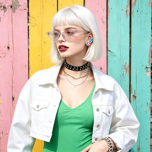 Short Bob Straight Hair Wigs with Bangs, Heat Resistant Fiber Hair, Cat Eye Glasses for Women (White) - color: White