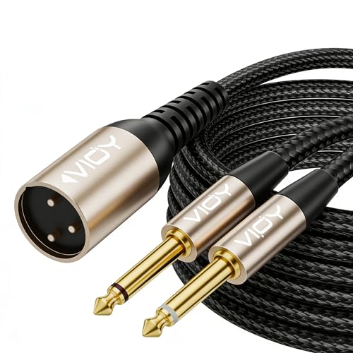 VIOY XLR to Dual 6.35mm Cable 15 FT, Balanced 1/4 TS to XLR Male Mic Cord | multi-layer shielding noise reduction, nylon braided balanced cord splits single mono signal into two mono outputs - size: 15FT