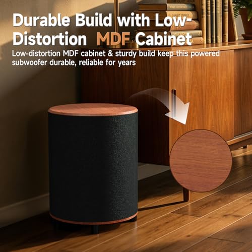 LITTOAK Powered Subwoofer, 6.5’’ Sub with DSP, Up to 100 Watts Home Theater Subwoofers, Down-Firing Subs, Class-D Amp, 40-250Hz, Auto On/Off, Low Pass dial, Phase Switch, Big Bass in Compact Design - color: Brown