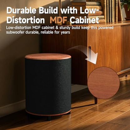 LITTOAK Powered Subwoofer, 6.5’’ Sub with DSP, Up to 100 Watts Home Theater Subwoofers, Down-Firing Subs, Class-D Amp, 40-250Hz, Auto On/Off, Low Pass dial, Phase Switch, Big Bass in Compact Design - color: Brown