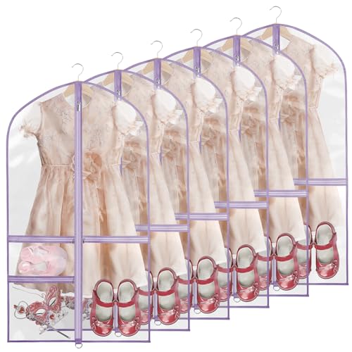 40 Inch Clear Garment Bags for Dance Costumes, 6 Pack, Purple | Dance garment bags for Dancers, 3 Zipper Pocket, Foldable Garment Bags for Hanging Clothes, Competitions & Travel - color: Clear Purple