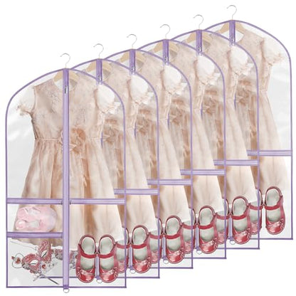 40 Inch Clear Garment Bags for Dance Costumes, 6 Pack, Purple | Dance garment bags for Dancers, 3 Zipper Pocket, Foldable Garment Bags for Hanging Clothes, Competitions & Travel - color: Clear Purple