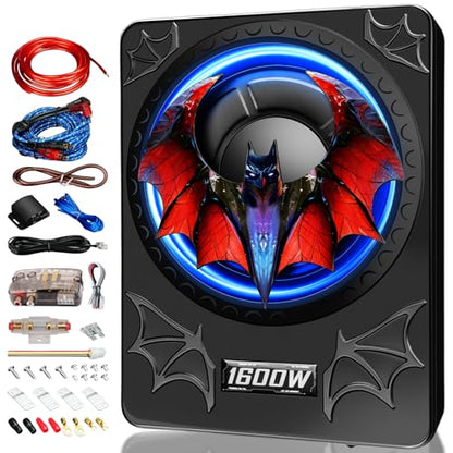 1600W 10" Slim Under Seat Subwoofers with Built-in Amp | LED Ambient Light, Deep Bass, Individual Controls (LPF/Gain/Bass Boost), High Output Distortion-Free Audio, Suitable for All Vehicle Models - color: Red BF
