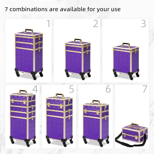Somduy Rolling Makeup Case, Makeup Train Case with Lid, 5 in 1 Cosmetology Case on Wheels, Christmas Gift, Large Makeup Organizers, Profesional Cosmetic Case for Salon Barber, Purple Gold - color: Purple Gold