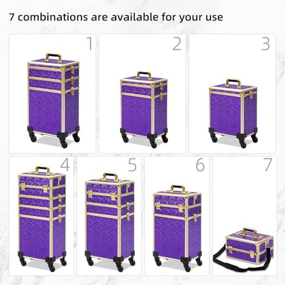 Somduy Rolling Makeup Case, Makeup Train Case with Lid, 5 in 1 Cosmetology Case on Wheels, Christmas Gift, Large Makeup Organizers, Profesional Cosmetic Case for Salon Barber, Purple Gold - color: Purple Gold