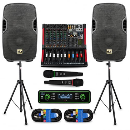 Pa System with Wireless Microphone and Speakers 10" 2000W Built-in Amp | Audio Mixer for DJ party PA kit with Wireless UHF Mic, 6-channel mixer, Dual Wireless UHF mic, 800W Speaker and Dual Stands - size: 10 inch