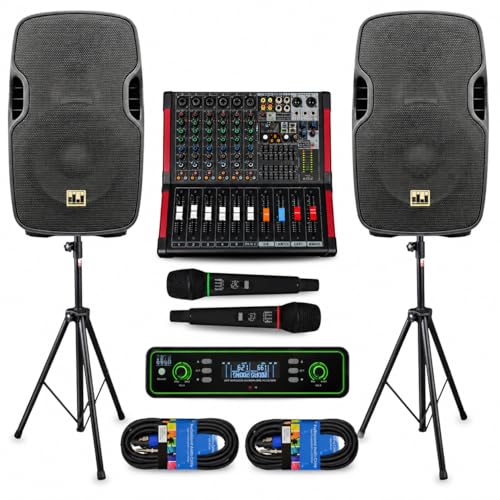 Pa System with Wireless Microphone and Speakers 10" 2000W Built-in Amp | Audio Mixer for DJ party PA kit with Wireless UHF Mic, 6-channel mixer, Dual Wireless UHF mic, 800W Speaker and Dual Stands - size: 10 inch
