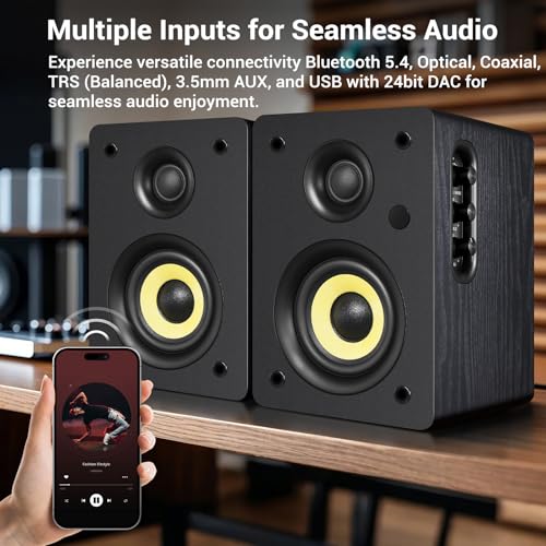 Sanyun SW206 80W 2.0 Active Bookshelf Speakers, Dual-Mode Creator & Music | 4" Carbon Fiber + 25mm Silk Dome, 24bit DAC, 6.35mm TRS Balanced + (Optical/Coaxial/AUX/USB/BT) Inputs, MDF, (Pair, Black) - color: Black