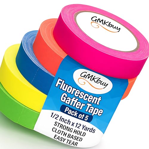 1/2" x 12Yd Spike Tape Multi Color Pack of 5 – Neon Colored Gaffers Tape & Stage Tape for Floor Marking – Spike Tape Theater Colored Gaff Tape for Sports, Office & Media Industry - color: Blue, Yellow, Green, Orange, Pink, size: 0.6 Inch x 12 Yards - [5 P