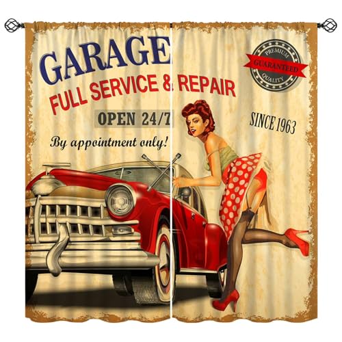 Car Repair Poster Curtains Rustic Vintage Repair Depot Red Car Print Car Repair Girl Blackout Window Treatment for Men Teens Bedroom Playroom Home Decor Window Drapes 42" W X 45" L - color: Style-7, size: 20.5"W x 44.5"L (Pack of 2)