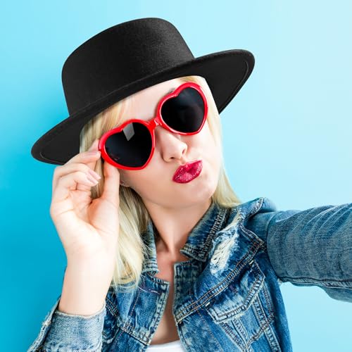 Fashion Classic Black Fedora Hats + Red Heart Sunglasses Costume Outfit - Flat Wide Brim Church Cap Jazz Hat - style: Kids