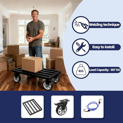 Heavy-Duty Stainless Steel Furniture Dolly 18'' x 14'' Inch, 2000LBS Capacity Moving Dolly with 5" Swivel Casters & Fastening Strap for Secure Moving of Furniture and Appliances - size: 18"L x 14"W x 7.5"H