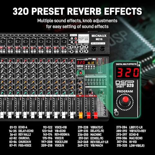 Audio Mixer 16 Channel Professional Sound Console Music Mixer with 320 DSP Effects, 7-band EQ DJ Mixing Board w/USB, Bluetooth, 48V Power Supply, PAD Button for Recording Karaoke PA Drum Live - size: 16 Channel - 21.8in