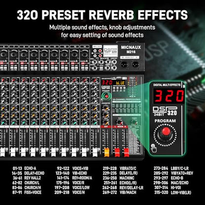 Audio Mixer 16 Channel Professional Sound Console Music Mixer with 320 DSP Effects, 7-band EQ DJ Mixing Board w/USB, Bluetooth, 48V Power Supply, PAD Button for Recording Karaoke PA Drum Live - size: 16 Channel - 21.8in