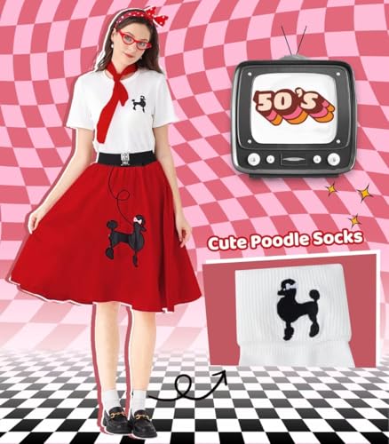 1950s Poodle Skirt Outfit Women 50s Sock Hop Costume T Shirt Accessories - color: Red, size: XX-Large