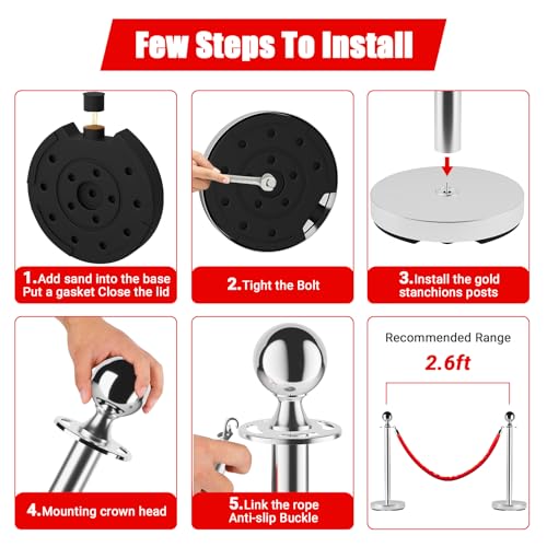 Stainless Steel Stanchion Post Queue,5 ft Red Velvet Rope Red Carpet Ropes and Poles Crowd Control Barriers,Sand Injection Hollow Base and Velvet Ropes Set for Party Supplies,4 PCS