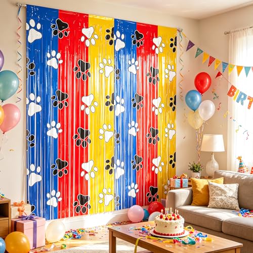Paw Print Foil Fringe Curtains Backdrop | 2-Pack 3.3x6.6FT Dog Paw Tinsel Backdrop, Pet Streamer Birthday, Puppy Party, Baby Shower, Pet Party & Family Celebration - color: Red Blue Yellow